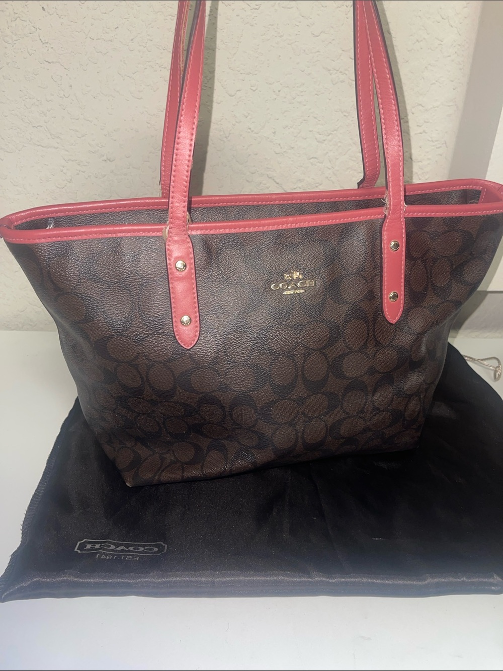 Coach Brown Signature Tote with Hot Pink Trim w/ dust bag